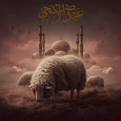Sacred Sacrifice- Eid Al Adha Mubarak Background with Sheep and Islamic Prayer