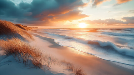 Golden sunset over a sandy beach with rolling waves.