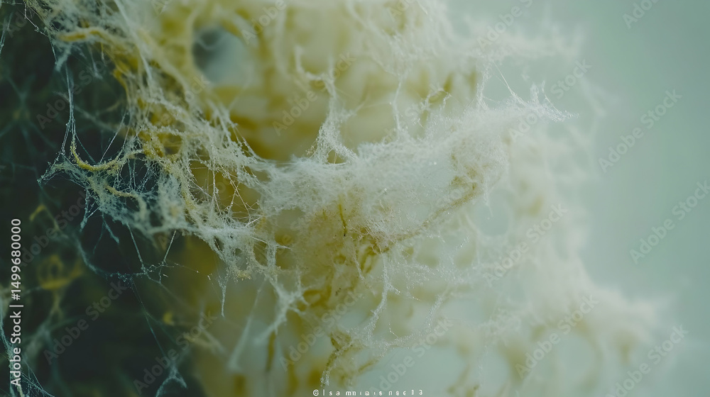 Poster intricate web-like structure, possibly mold or fungus, detailed close-up shot showcasing texture and