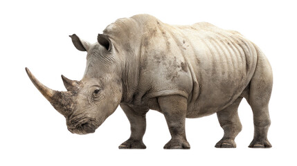 Obraz premium Majestic Rhinoceros in Profile: A photorealistic portrayal of a powerful rhinoceros showcases its impressive horn and textured hide, a testament to the untamed beauty of the animal kingdom.