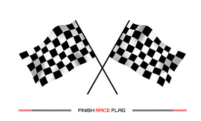 Crossed checkered 3d race flags representing motorsport finish line for car rally isolated on white background. Chequered texture with start at motor road. Waving flag and winning position symbol.