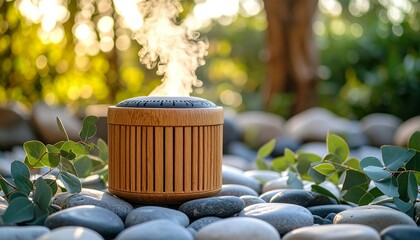 Wooden Essential Oil Diffuser Amid Greenery and Zen Stones Outdoors