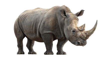 Fototapeta premium Majestic Rhino: A powerful rhino stands in a dynamic pose, showcasing its impressive size and unique horn, radiating strength and resilience in the heart of the wild.