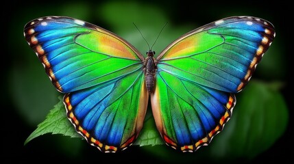 Obraz premium Vibrant butterfly with iridescent blue and green wings resting on a leaf