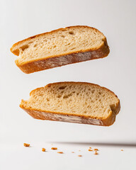Three slices of bread levitating against a plain background