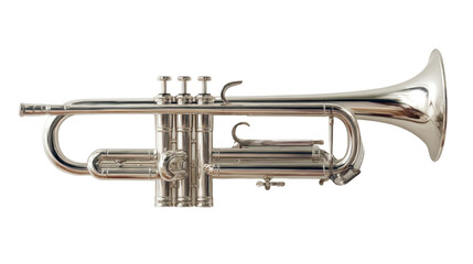 Obraz premium Shining Trumpet: A close-up studio shot reveals the elegant form of a gleaming, silver trumpet, highlighting its intricate details and musical prowess.