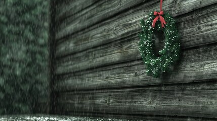 Rainy Christmas wreath with wooden wall.