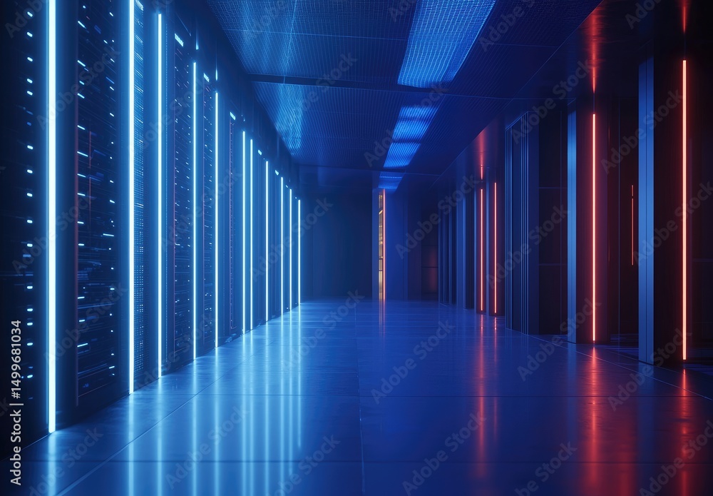 Leinwandbilder 3d rendering of a futuristic server hallway with glowing blue and red vertical lights, ideal for cyb