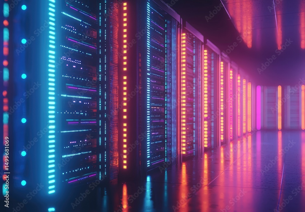 Poster 3d rendering of a vibrant server room with neon pink, blue, orange, and purple lights, ideal for clo
