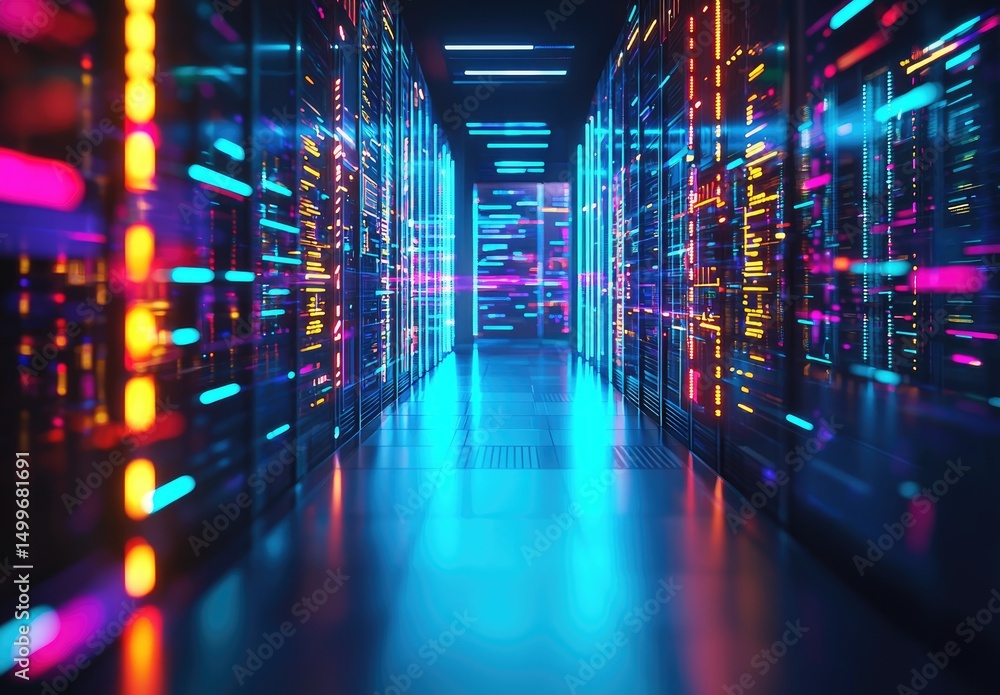 Poster futuristic 3d rendering of a high-tech data center with vibrant neon blue, orange, pink, and purple 