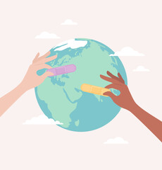 Two hands of people of different skin tones sticking medical plasters on the Earth globe. Flat vector illustration