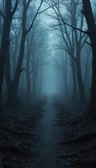 Obraz premium Eerie forest pathway leads into mist. Dark, creepy trees. Path with visible roots. Misty ambience, mysterious atmosphere. Halloween, horror, fantasy, paranormal themes.
