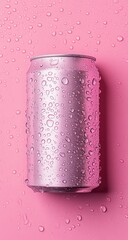 A metallic, light-gray beverage can, covered in water droplets, sits on a bright pink surface