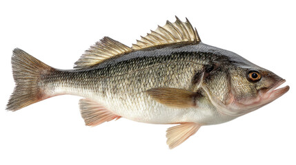 White Croaker Fish: Close-up studio shot of a single white croaker fish, showcasing its detailed scales, fins, and overall body structure against a clean background. 
