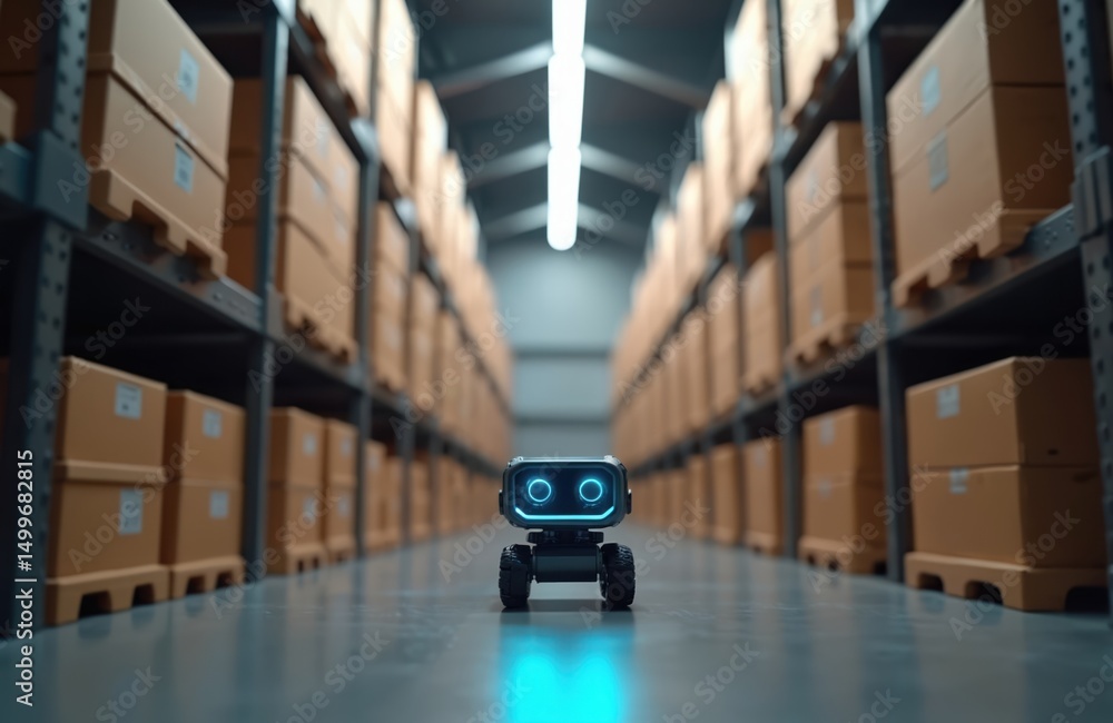 Poster robot cyborg works in futuristic warehouse. automated smart delivery system with ai. robotic machine