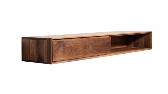 Wooden Media Console: This is a close-up of a finely crafted wooden media console that is a perfect example of minimalist elegance, featuring a seamless blend of form and function.