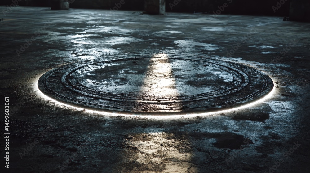 Poster abstract black metal cover artwork with an analog photo of a faint circular pattern on a sunlit floo