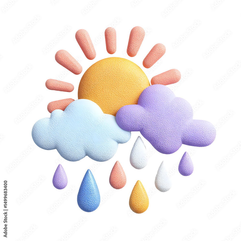 Aufkleber visually striking pastel colored 3d icon featuring a stylized sun cloud and raindrops with a smooth 