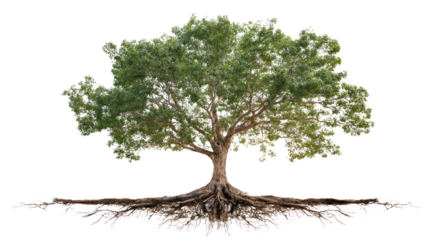 Majestic Tree with Exposed Roots: A large, healthy tree stands tall, its extensive root system fully visible, symbolizing strength, resilience, and the interconnectedness of nature.
