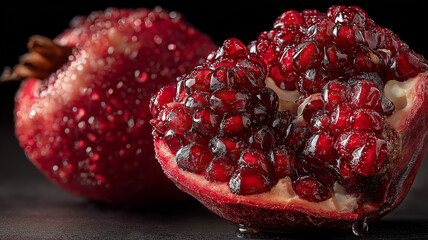 Pomegranate opened to reveal glistening ruby red seeds, macro food photography