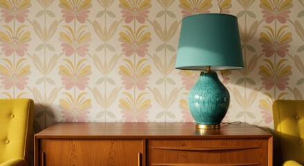 A Mid-Century Teal Ceramic Lamp on a Walnut Sideboard with Retro Wallpaper