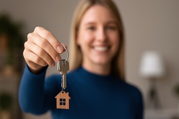 New Home Ownership: A woman triumphantly displays a set of keys, a symbol of the exciting journey of property ownership, evoking feelings of accomplishment and the realization of dreams.