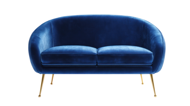 Royal Blue Velvet Loveseat: An elegant, curved loveseat upholstered in luxurious royal blue velvet sits on gold legs, offering a touch of sophisticated style to any room. 