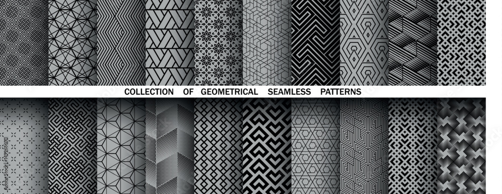 Poster Geometric set of seamless black and gray patterns. Simple vector graphics