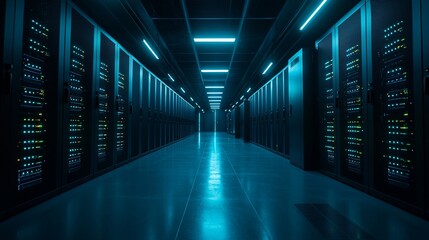 Fototapeta premium Server room, illuminated by blue lights