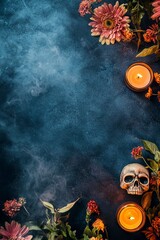 Dark gray tabletop with skull and orange candle