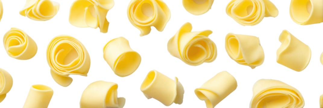 Butter curls: A close-up shot of elegantly shaped butter curls arranged in a visually appealing pattern. Showcasing the artful presentation of a culinary delight. 