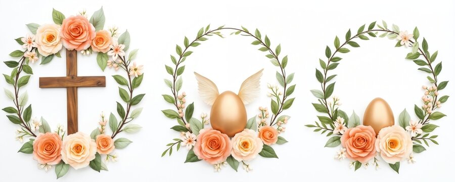 Watercolor floral wreaths with Easter elements. Delicate spring design, featuring flowers leaves cross golden egg. Soft pastel colors ideal for cards invites wedding decor. Digital clip art.