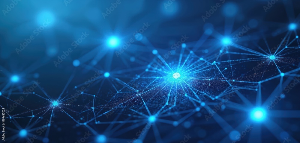 Poster abstract blue digital network featuring glowing points interconnected via geometric lines. modern 3d