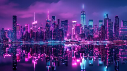Futuristic cyber city at night, glowing with magenta and purple neon lights, towering skyscrapers background wallpaper AI generated image