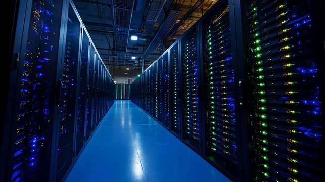 Vast server room filled with rows of computer racks