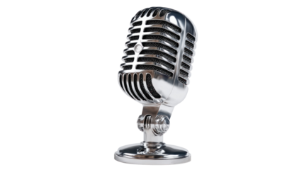 Vintage Microphone: A classic silver vintage microphone stands ready for the next broadcast, capturing a timeless aesthetic of radio and recording.