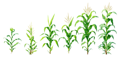 The Cycle of Maize: A vibrant collection of maize plants in various stages of growth, from tender saplings to mature stalks with their silk and tassels waving. A captivating view of nature's design.