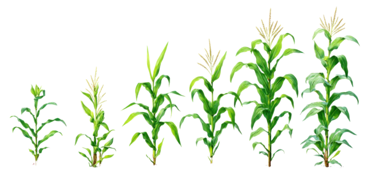 The Cycle of Maize: A vibrant collection of maize plants in various stages of growth, from tender saplings to mature stalks with their silk and tassels waving. A captivating view of nature's design.