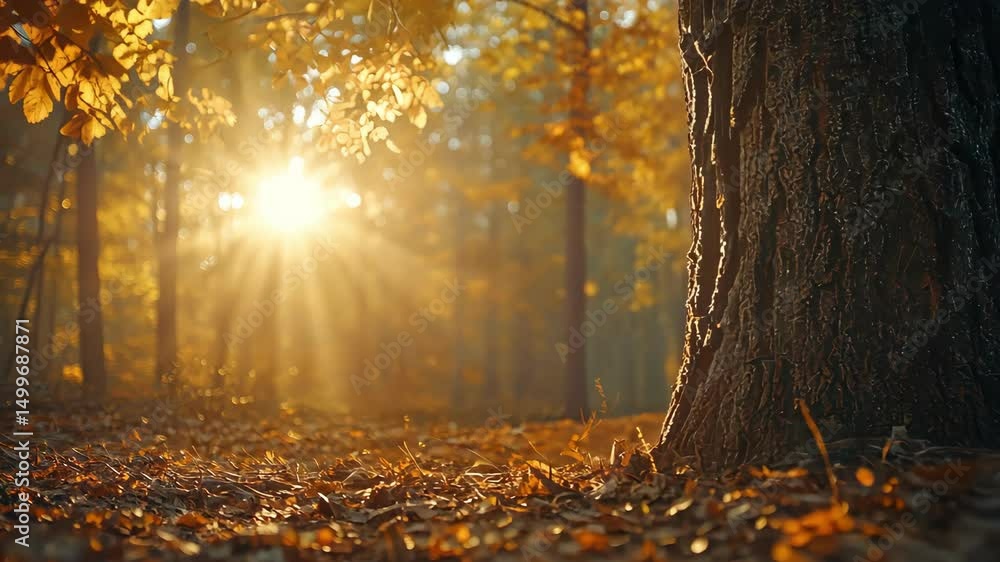 Poster sunlight through trees illuminating autumn foliage, with large tree trunk in the foreground