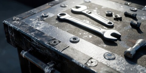Minimalist Workbench Icon with Wrench and Hammer for Tools and Maintenance