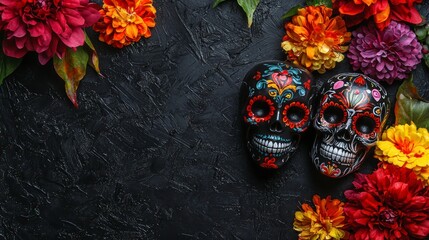 Day of the Dead background with colorful sugar skulls and vibrant flowers on black textured surface