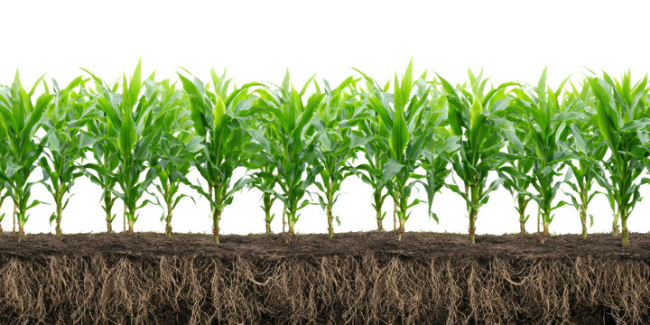 Thriving Corn Crop: A verdant row of young corn plants flourishes, their roots intricately interwoven within the earth, creating a vibrant illustration of growth and abundance.
