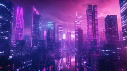 Fototapeta premium Futuristic cyber city at night, glowing with magenta and purple neon lights, towering skyscrapers background wallpaper AI generated image