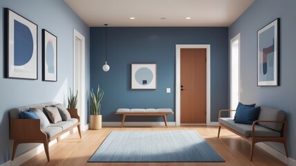 A modern hallway with muted blue walls, light wooden floors, and mid-century-style seating.  Abstract art decorates the walls