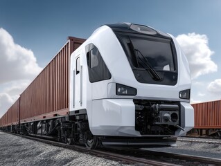 Fototapeta premium Self-driving electric cargo trains revolutionize logistics, utilizing renewable energy for swift, automated transport across continents.
