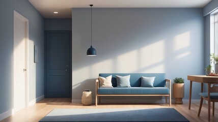 Sunny, minimalist living room in muted blues and beige