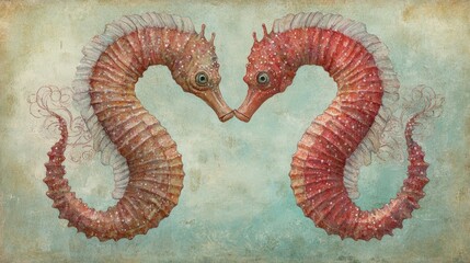 Fototapeta premium Two seahorses facing each other, close, pastel colors, textured background