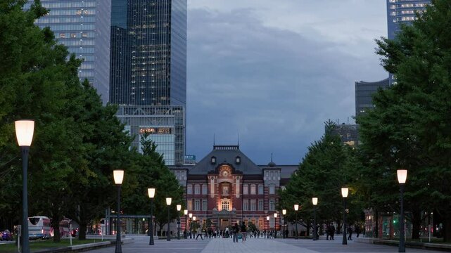 Night in Tokyo : At Dusk, Lights Come on Along a Promenade Leading to Historic Architecture in the Skyscraper Area | Tokyo Station, Marunouchi Square, Tokyo, Japan