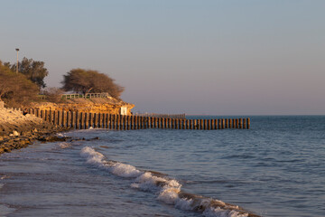 Fototapeta premium Coastal erosion protection with wooden pilings along a serene beach in Bushehr at sunset, featuring gentle waves and a rocky shoreline.