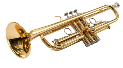 Obraz premium Golden Trumpet: This close-up view unveils the elegant form of a classic golden trumpet, its gleaming brass surfaces reflecting the light with a captivating gleam. It is a visual symphony.